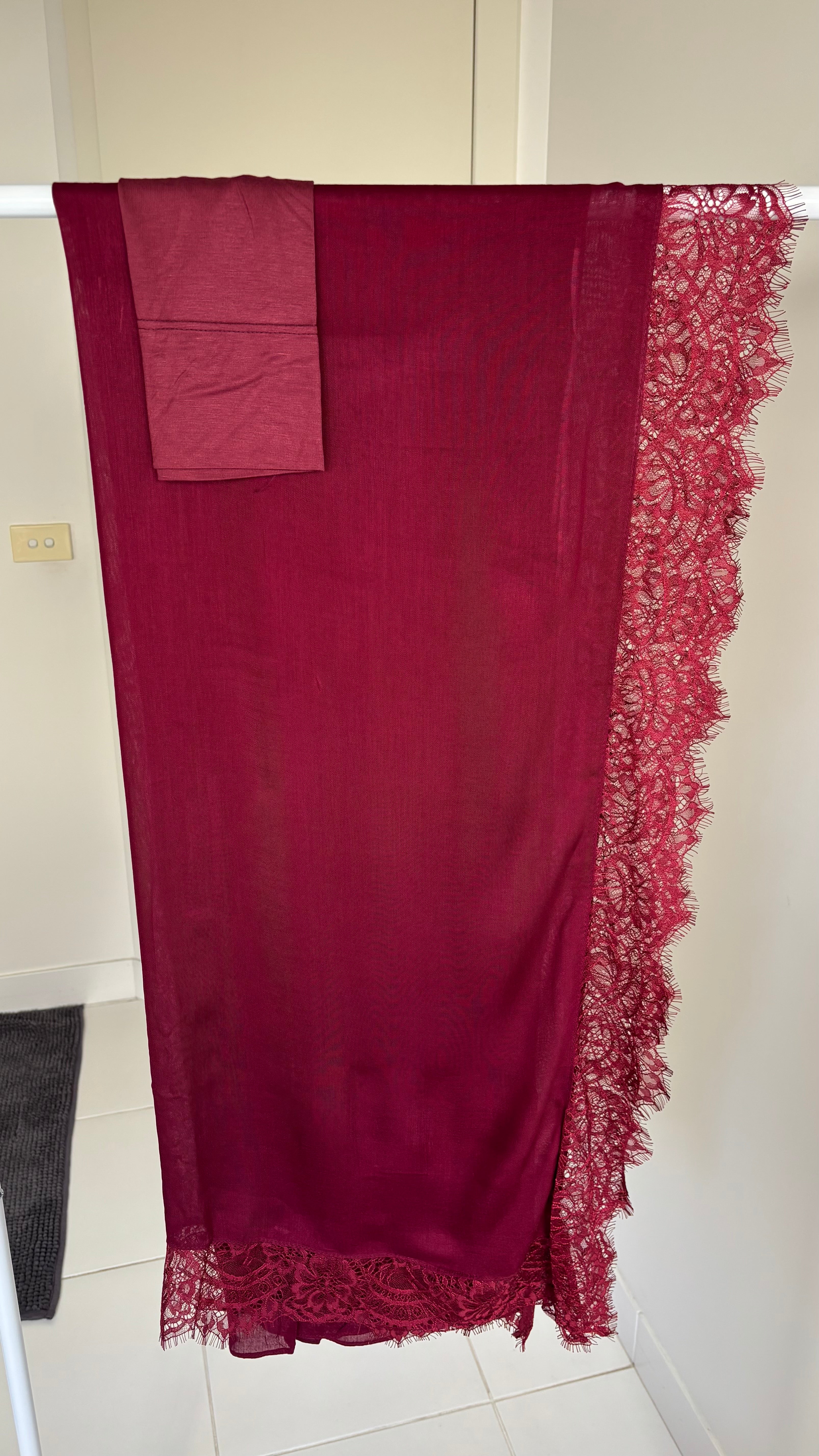 Dark Burgundy Lace Modal Hijab & Matching Cap